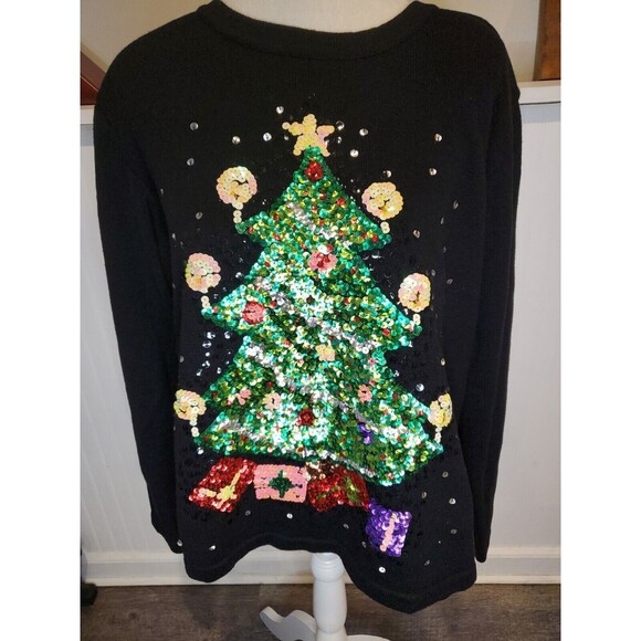 Quacker Factory Womens Black Knit Top Sequin Christmas Tree Large‎ - Picture 1 of 7